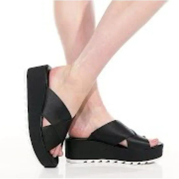 Sorel Women's Cameron Flatform Mule Sandals US10 Black &amp; Sea Salt $125