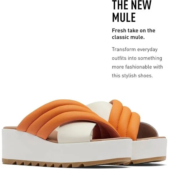 Sorel Women's Cameron Flatform Puff Mule sandals 10.5 orange Koi, Sea Salt