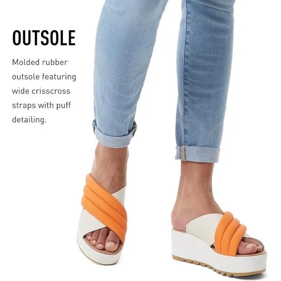 Sorel Women's Cameron Flatform Puff Mule sandals 10.5 orange Koi, Sea Salt