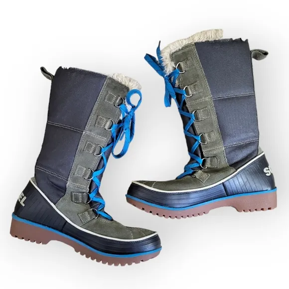 SOREL Women's Tivoli High II Canvas Winter Boots Blue Grey Green Lace Up 7.5