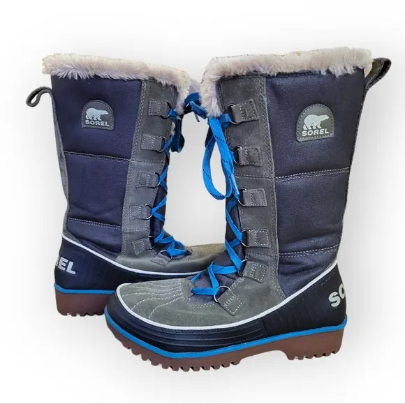SOREL Women's Tivoli High II Canvas Winter Boots Blue Grey Green Lace Up 7.5