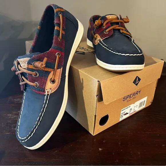 SPERRY Top-sider Navy,  Burgundy Plaid &amp; Tan Leather size 7.5M