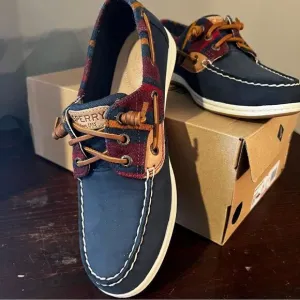 SPERRY Top-sider Navy,  Burgundy Plaid &amp; Tan Leather size 7.5M
