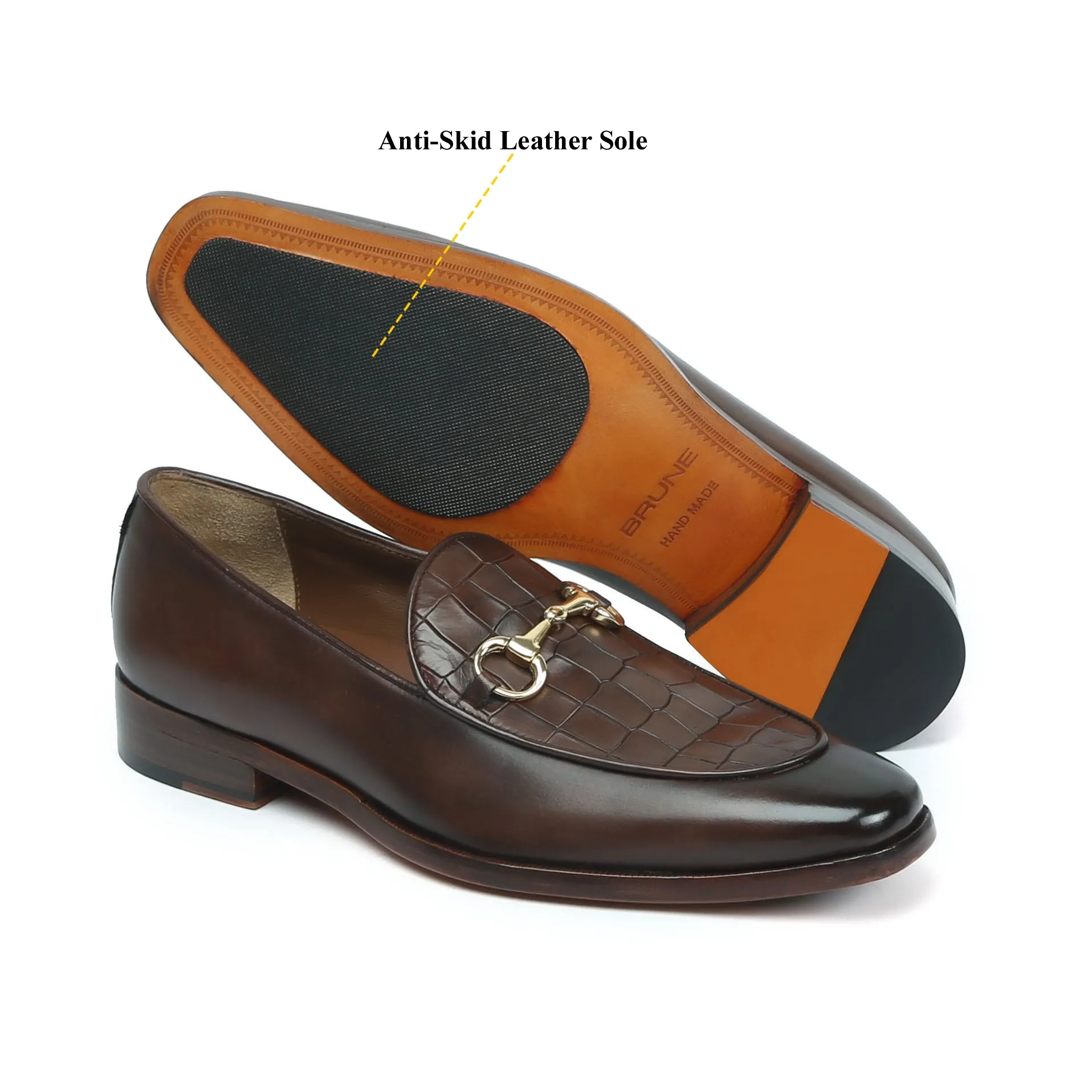 Squared Toe Brown Horse-bit Loafers With Deep Cut Croco Textured Leather at Vamp