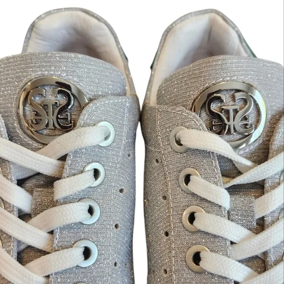 Staccato Sparkly Silver Sneakers with FUNKY Green Mouth Design Women’s Sneakers