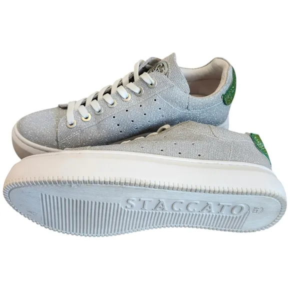 Staccato Sparkly Silver Sneakers with FUNKY Green Mouth Design Women’s Sneakers