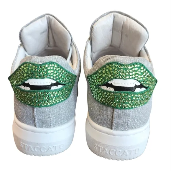 Staccato Sparkly Silver Sneakers with FUNKY Green Mouth Design Women’s Sneakers