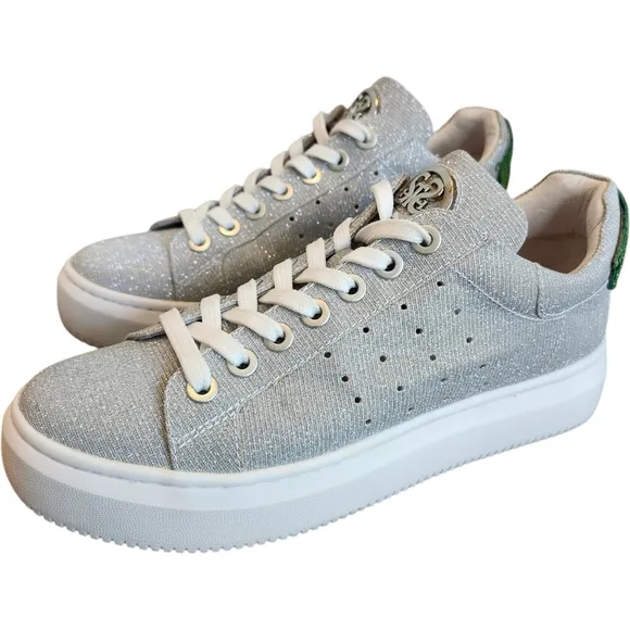 Staccato Sparkly Silver Sneakers with FUNKY Green Mouth Design Women’s Sneakers