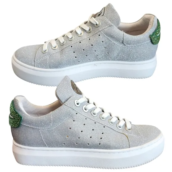 Staccato Sparkly Silver Sneakers with FUNKY Green Mouth Design Women’s Sneakers
