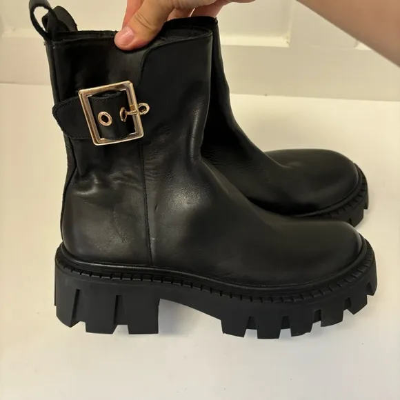 Steve Madden Sameera Black Leather Festival Platform Moto Boots Sz 6M