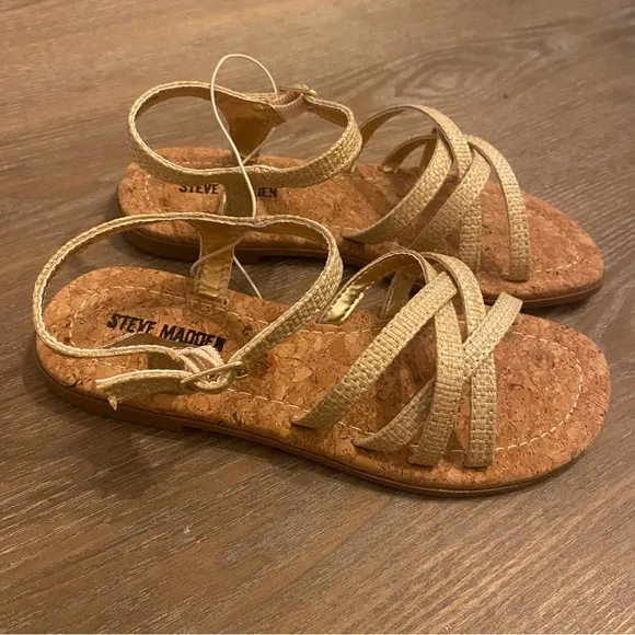 STEVE MADDEN Youth Girls JSONDRA Criss Cross Buckle Sandals - Natural Raffia
