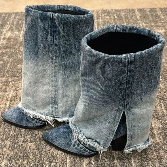 Steve Madden Women's Livvy Distressed Denim Fold-Over Cuffed Cowboy Boots 6.5