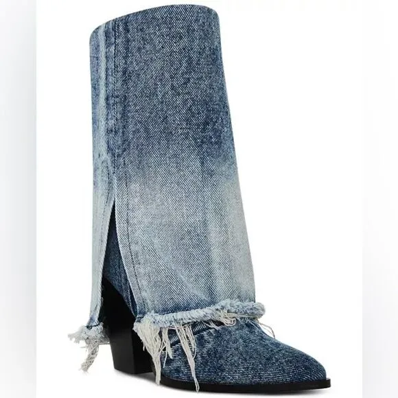 Steve Madden Women's Livvy Distressed Denim Fold-Over Cuffed Cowboy Boots 6.5