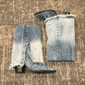 Steve Madden Women's Livvy Distressed Denim Fold-Over Cuffed Cowboy Boots 6.5
