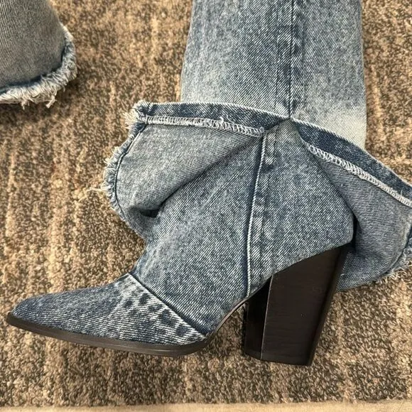 Steve Madden Women's Livvy Distressed Denim Fold-Over Cuffed Cowboy Boots 6.5
