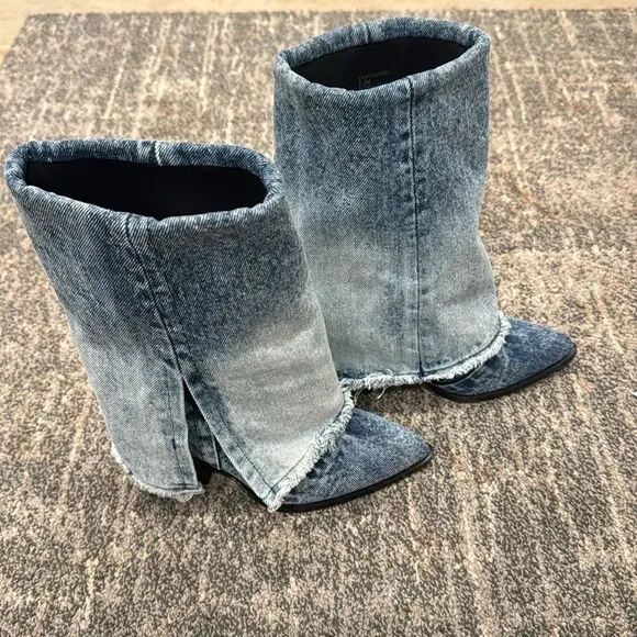 Steve Madden Women's Livvy Distressed Denim Fold-Over Cuffed Cowboy Boots 6.5