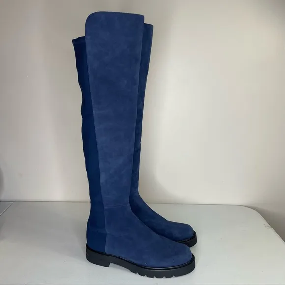Stuart Weitzman 5050 Lift City Boots Blue Suede size 9.5 NWOB
