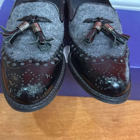 Stuart Weitzman &quot;Chap&quot; Black Patent Leather and Grey Flannel Tassel Loafers 6.5