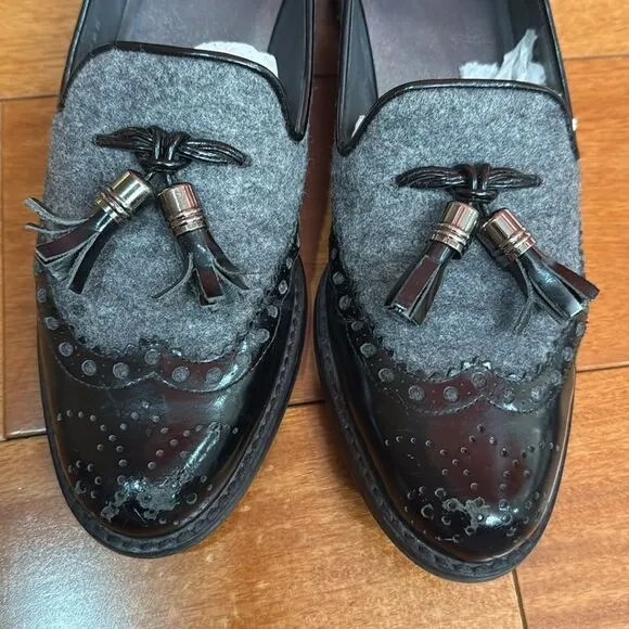 Stuart Weitzman &quot;Chap&quot; Black Patent Leather and Grey Flannel Tassel Loafers 6.5