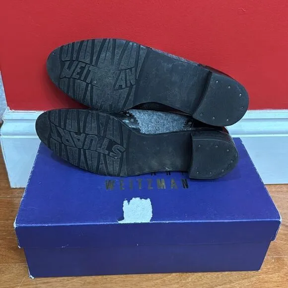 Stuart Weitzman &quot;Chap&quot; Black Patent Leather and Grey Flannel Tassel Loafers 6.5