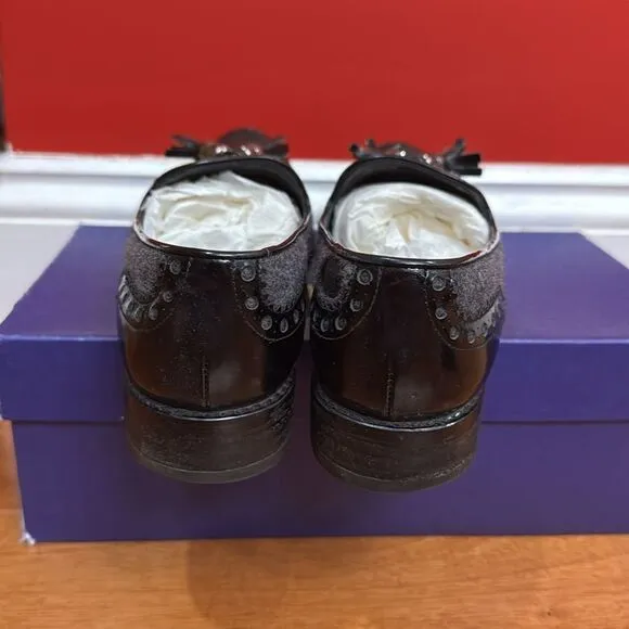 Stuart Weitzman &quot;Chap&quot; Black Patent Leather and Grey Flannel Tassel Loafers 6.5