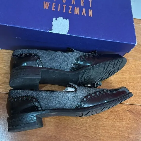 Stuart Weitzman &quot;Chap&quot; Black Patent Leather and Grey Flannel Tassel Loafers 6.5