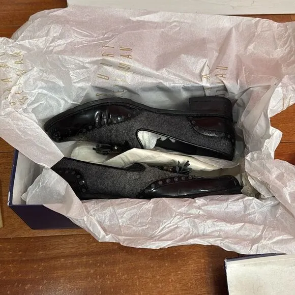 Stuart Weitzman &quot;Chap&quot; Black Patent Leather and Grey Flannel Tassel Loafers 6.5