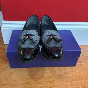 Stuart Weitzman &quot;Chap&quot; Black Patent Leather and Grey Flannel Tassel Loafers 6.5