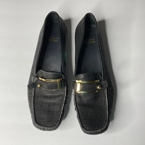Stuart Weitzman black leather loafers gold buckle 9.5