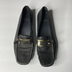 Stuart Weitzman black leather loafers gold buckle 9.5