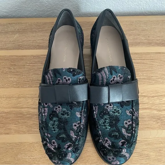 Stuart Weitzman Bowtie Embellished Floral Jacquard Loafers 37 6.5