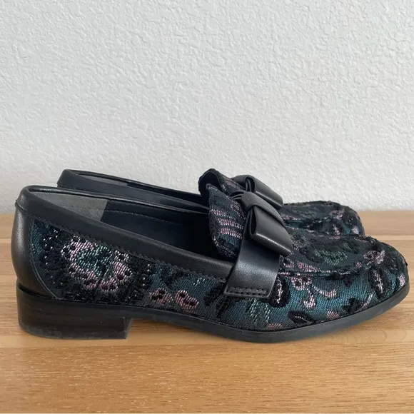 Stuart Weitzman Bowtie Embellished Floral Jacquard Loafers 37 6.5