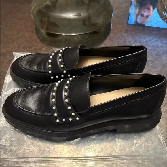 STUART WEITZMAN Darcy Simulated Pearl Studded Leather Loafers