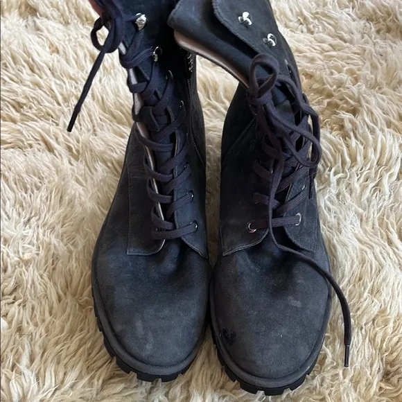 Stuart Weitzman — Gray Suede Lace Up Boots with Side Zipper