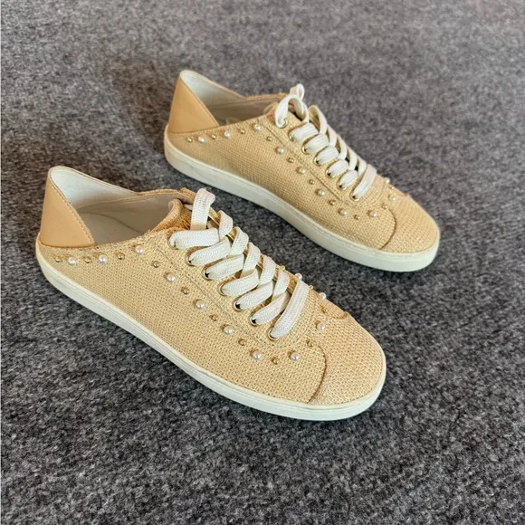 STUART WEITZMAN NATURAL/TAN VERSATILE EMBELLISHED PLATFORM SNEAKERS/MULES SZ 7