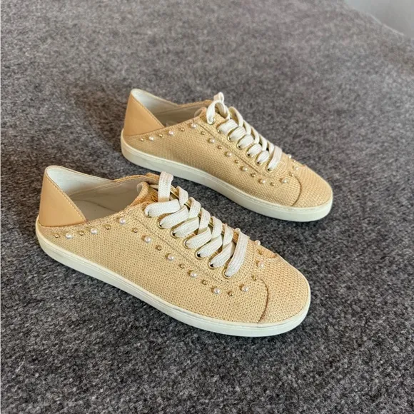 STUART WEITZMAN NATURAL/TAN VERSATILE EMBELLISHED PLATFORM SNEAKERS/MULES SZ 7