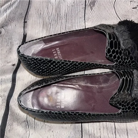 Stuart Weitzman Razmataz Leather Tassel Block Heel Loafers Croc Snakeskin Sz 6.5