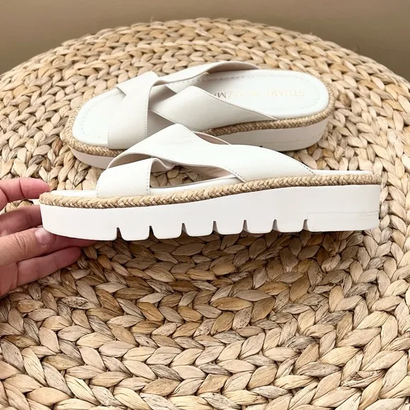 Stuart Weitzman Rosa Lift raffia trimmed genuine white leather sandals