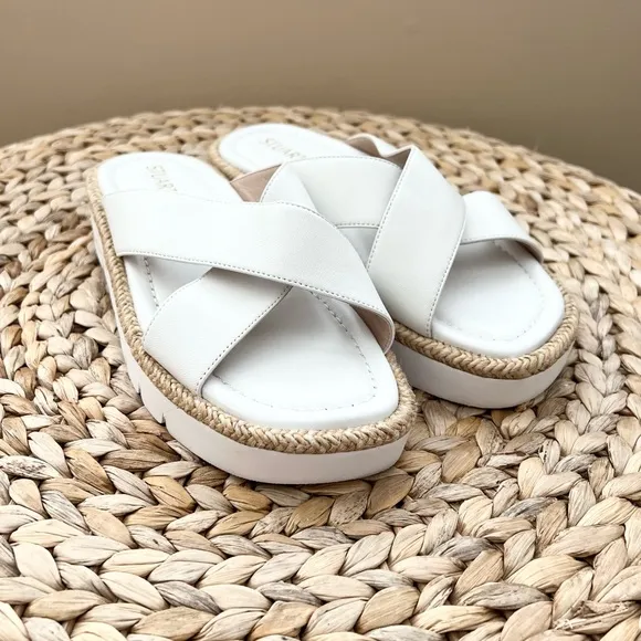 Stuart Weitzman Rosa Lift raffia trimmed genuine white leather sandals