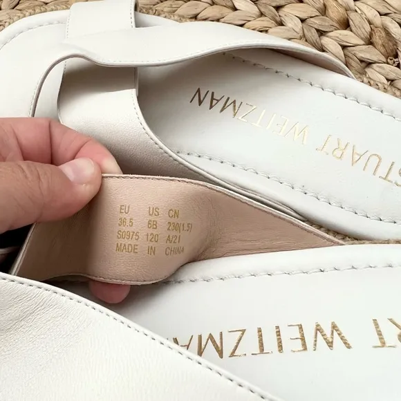 Stuart Weitzman Rosa Lift raffia trimmed genuine white leather sandals