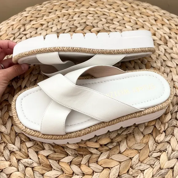 Stuart Weitzman Rosa Lift raffia trimmed genuine white leather sandals