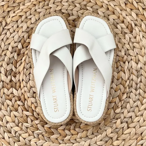 Stuart Weitzman Rosa Lift raffia trimmed genuine white leather sandals