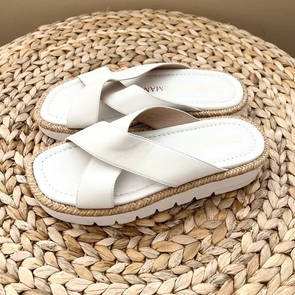 Stuart Weitzman Rosa Lift raffia trimmed genuine white leather sandals