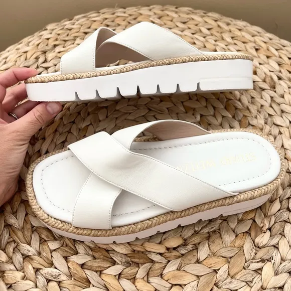 Stuart Weitzman Rosa Lift raffia trimmed genuine white leather sandals