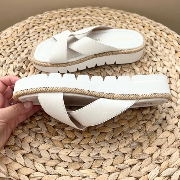 Stuart Weitzman Rosa Lift raffia trimmed genuine white leather sandals