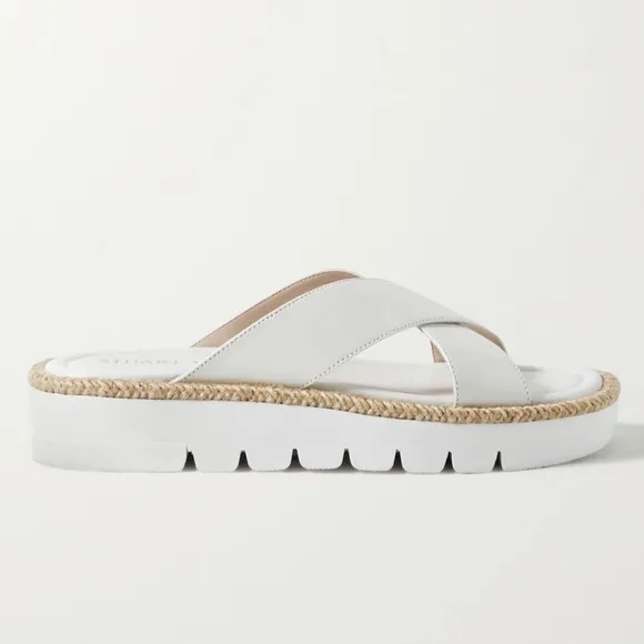 Stuart Weitzman Rosa Lift raffia trimmed genuine white leather sandals