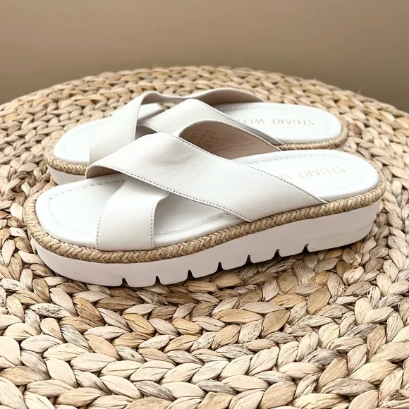 Stuart Weitzman Rosa Lift raffia trimmed genuine white leather sandals