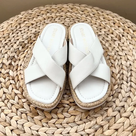 Stuart Weitzman Rosa Lift raffia trimmed genuine white leather sandals