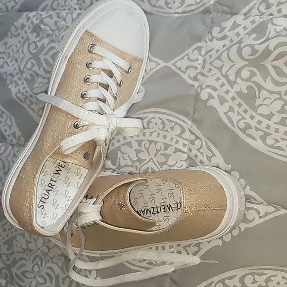 Stuart Weitzman Tan and White Sneakers Classic Canvas Design