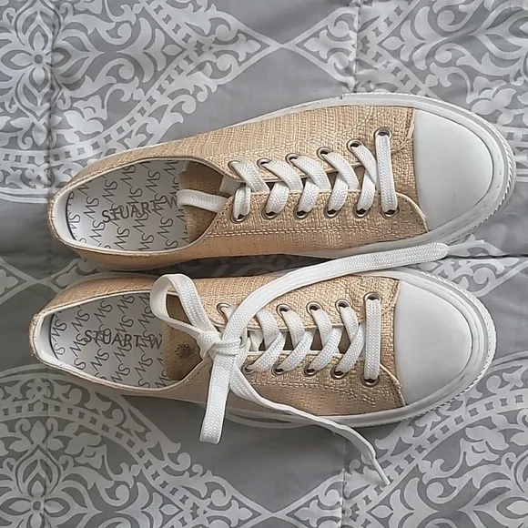 Stuart Weitzman Tan and White Sneakers Classic Canvas Design